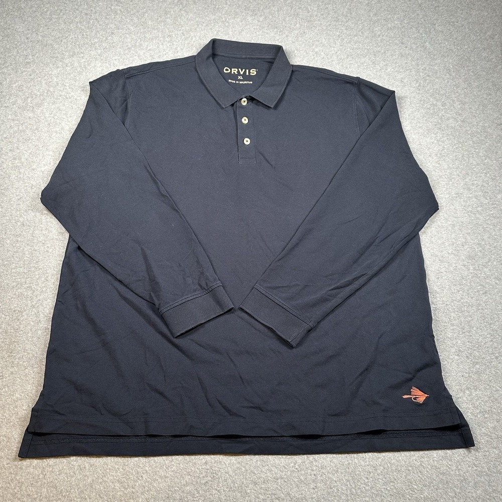 Orvis Long Sleeve Polo Shirt Mens XL Navy Charcoal Stretch Cotton Fishing Logo